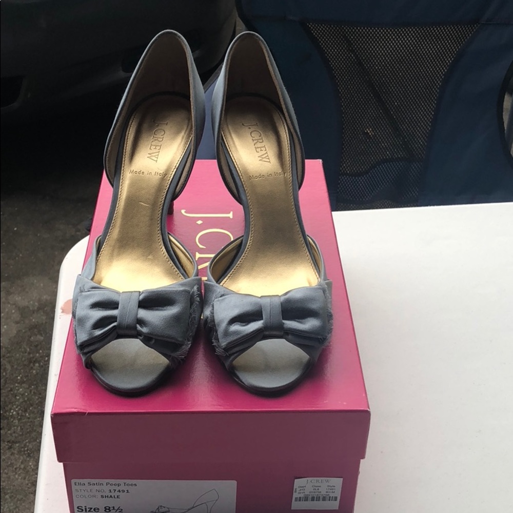 J. Crew Satin Peep Toe Heels in Shale/Gray